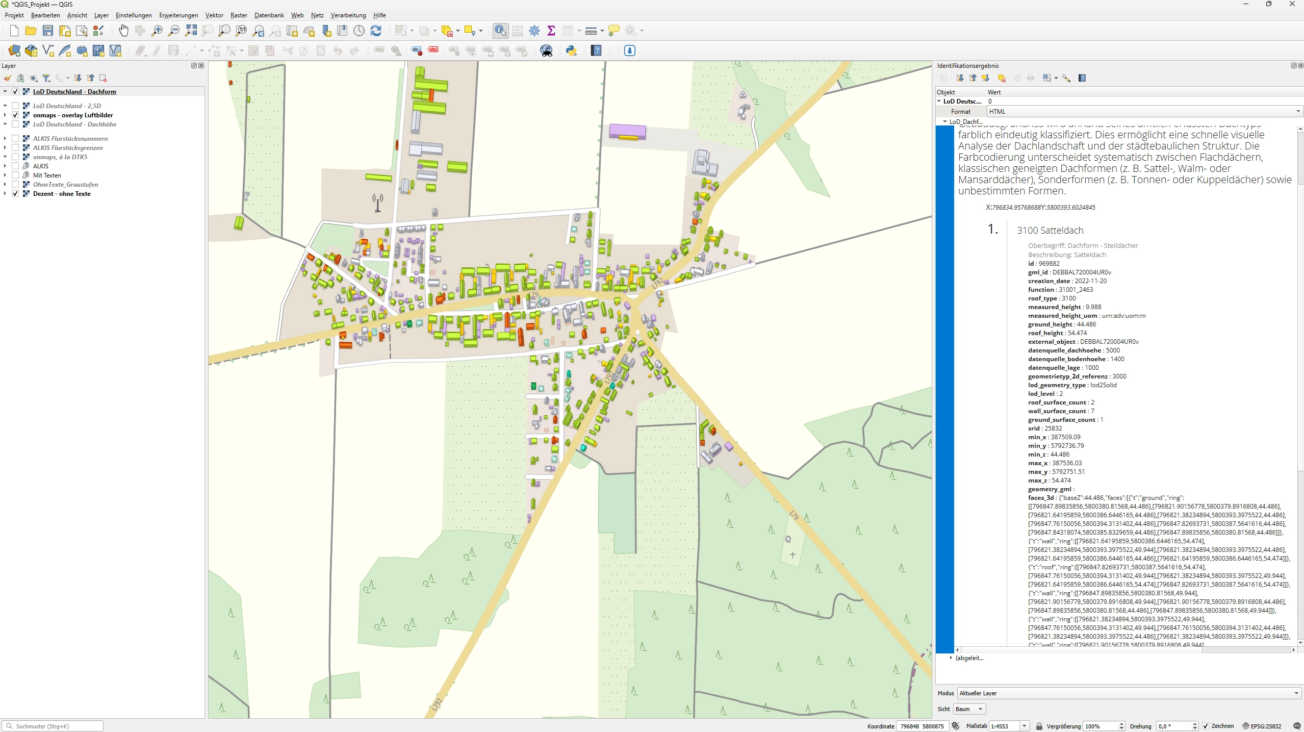 LoD2-Gebäudedaten mit Dachformen und Gebäudeattributen in QGIS