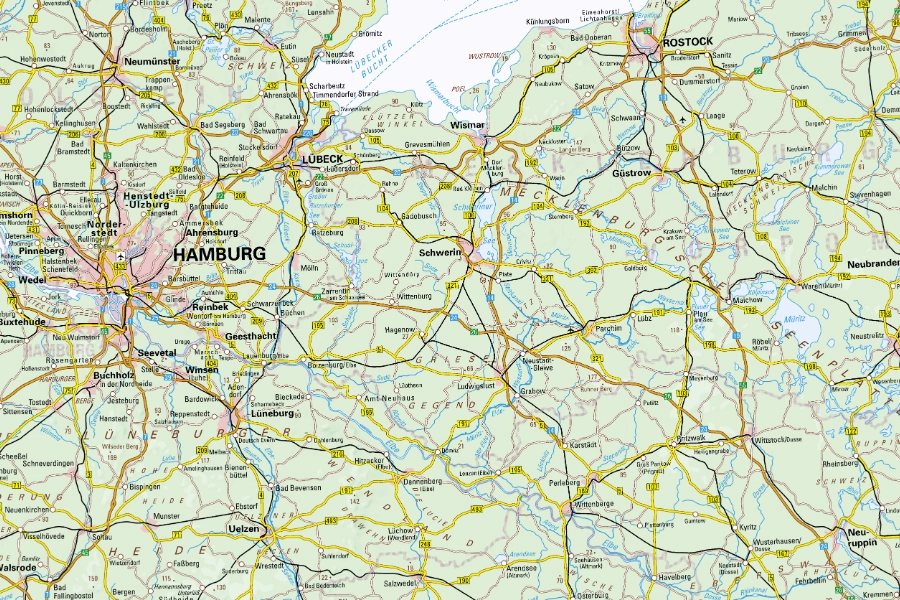 Topographische Übersichtskarte Norddeutschlands mit Städten, Verkehrswegen, Gewässern und Landesgrenzen