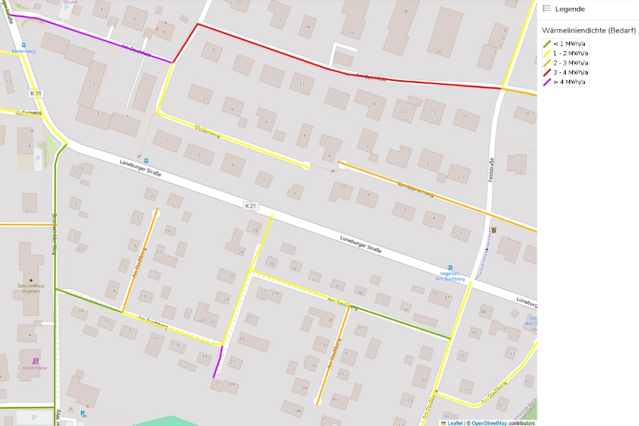 Karte der Wärmeliniendichte entlang des Straßennetzes