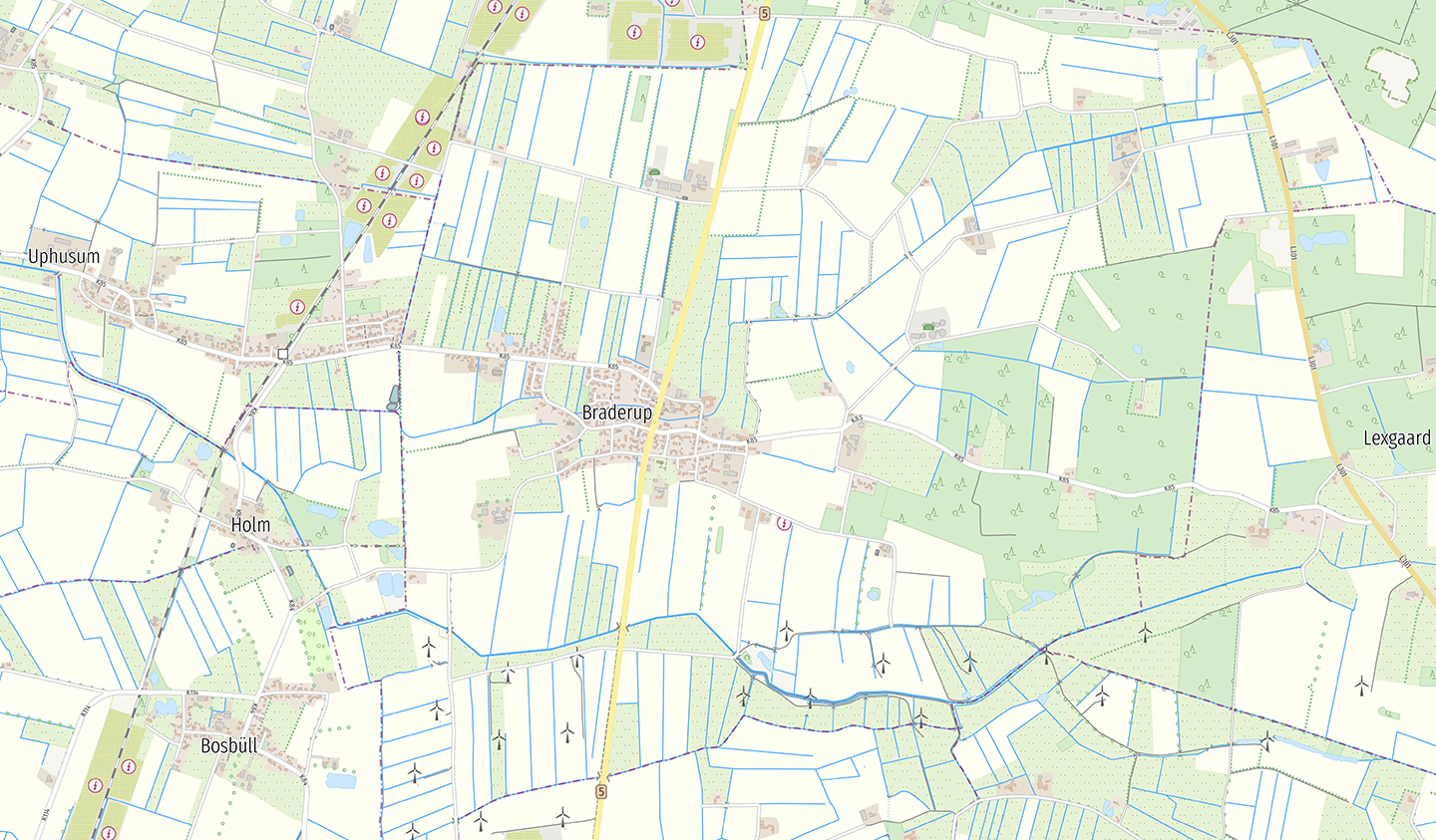 Topografische Karte von Braderup und Umgebung. Digitale topografische Karte von Braderup und Umgebung mit Feldern, Straßen und Windkraftanlagen.