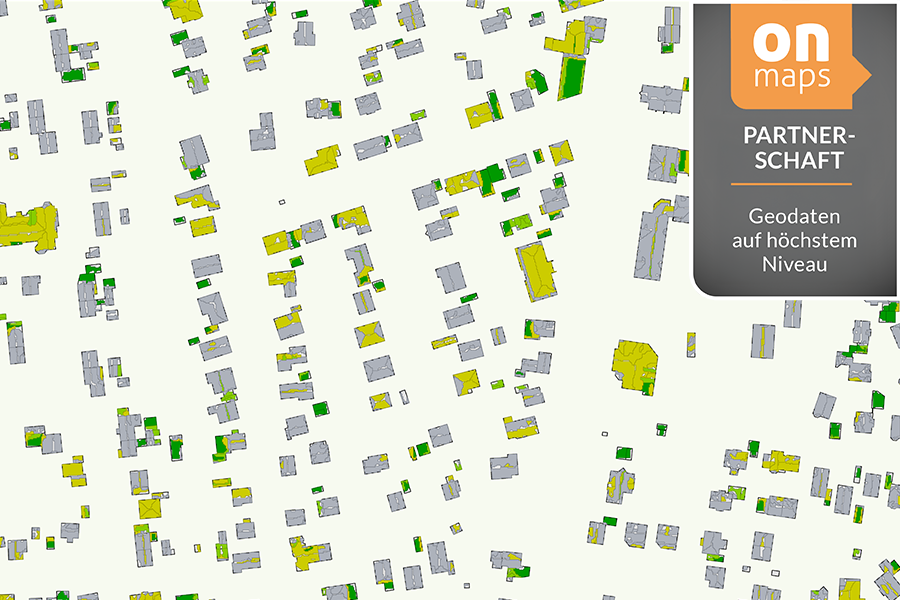 Eignungskarte von Dachflächen für Gründächer in vier Stufen – ohne Legende Darstellung der Eignung von Dachflächen für Gründächer – farbliche Klassifikation von Gebäuden nach Eignungskategorien.