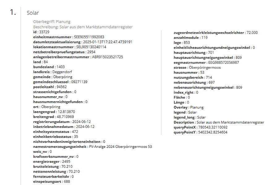 Informationsabfrage (GetFeature) zu einer Solaranlage mit technischen Details