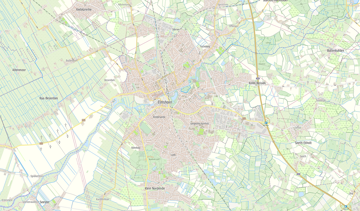 Übersichtskarte von Elmshorn und Umgebung Detailkarte von Elmshorn mit Straßen, Gebäuden und landwirtschaftlichen Flächen