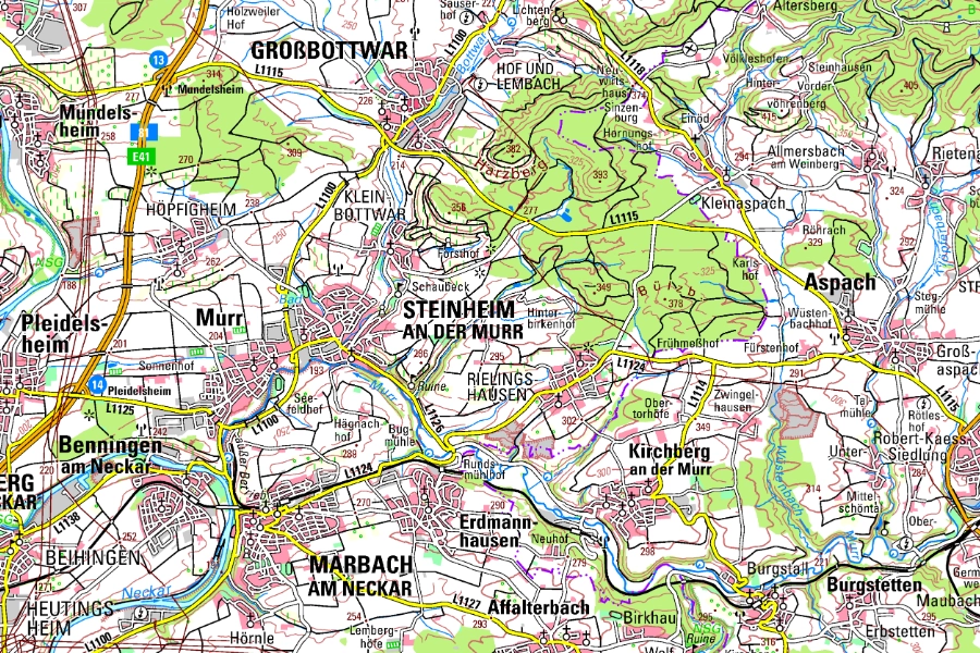 Detaillierte topographische Karte der Region Marbach am Neckar mit Höhenlinien, Straßen und Siedlungen