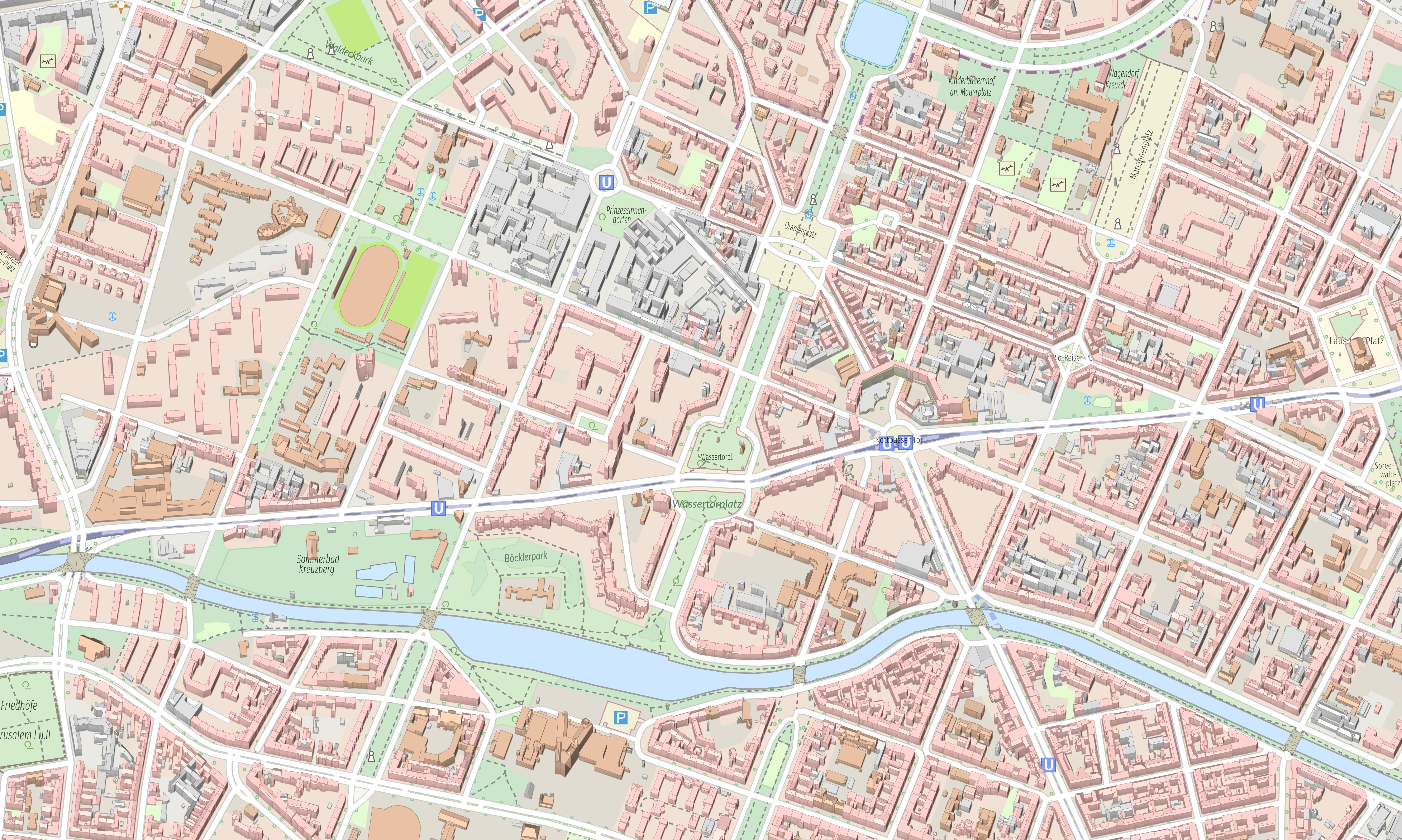 LoD2-Gebäudedaten mit detaillierten Dachgeometrien auf einer digitalen Hintergrundkarte