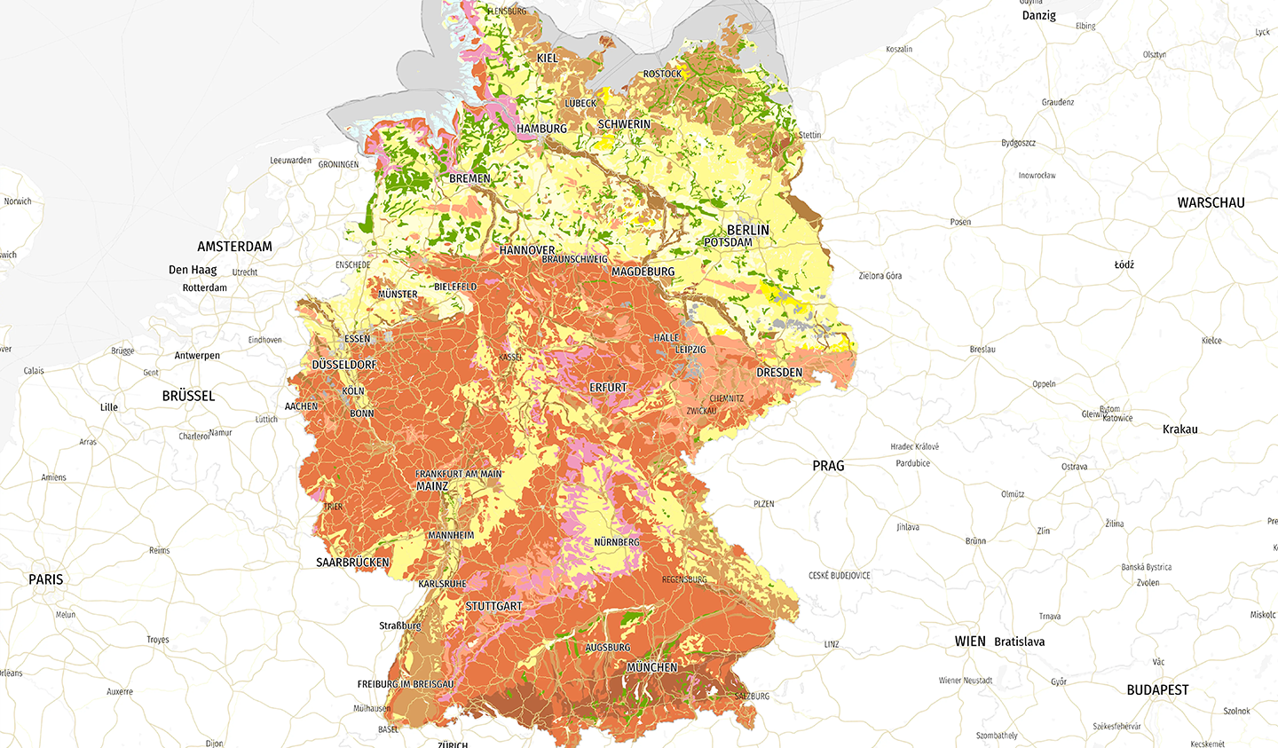Detaillierte Karte der Bodenarten in Deutschland. Bodenklassifikationskarte Deutschlands mit farbcodierten Bodentypen.