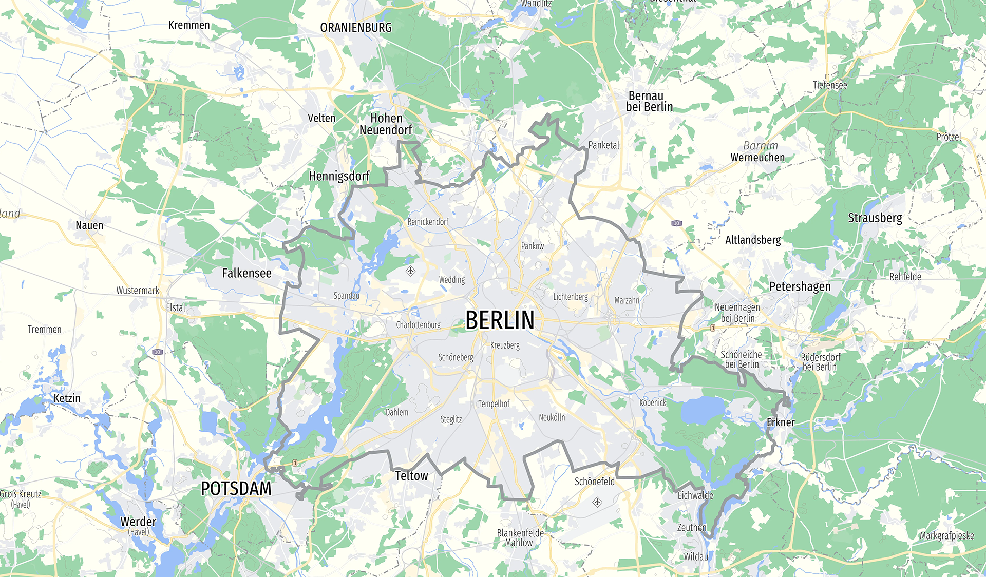 Stadtplan von Berlin mit angrenzenden Regionen und Grünflächen. Übersichtskarte von Berlin und Umgebung mit Stadtgrenzen und Naturschutzgebieten.