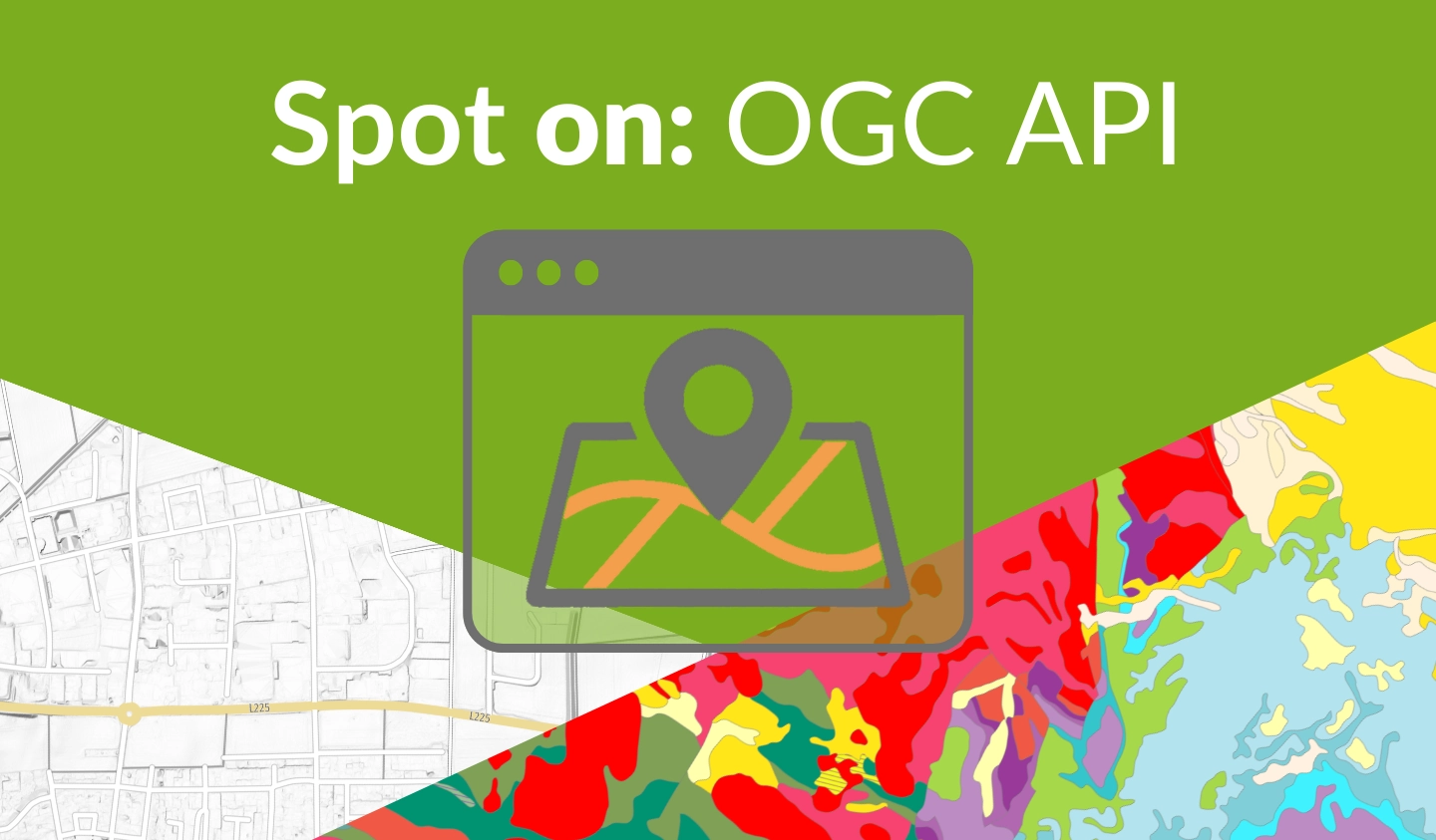 Illustration zur OGC API mit stilisierter Karte und Symbol für Geodatenzugriff