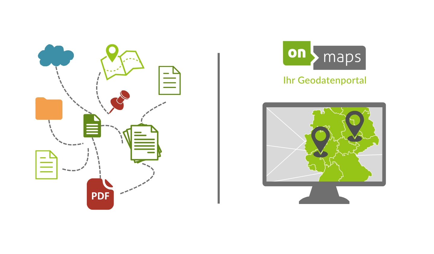 Illustration zu onmaps – Geodatenportal mit Dokumenten- und Kartendarstellung Illustration zu onmaps – Geodatenportal mit Dokumenten- und Kartendarstellung