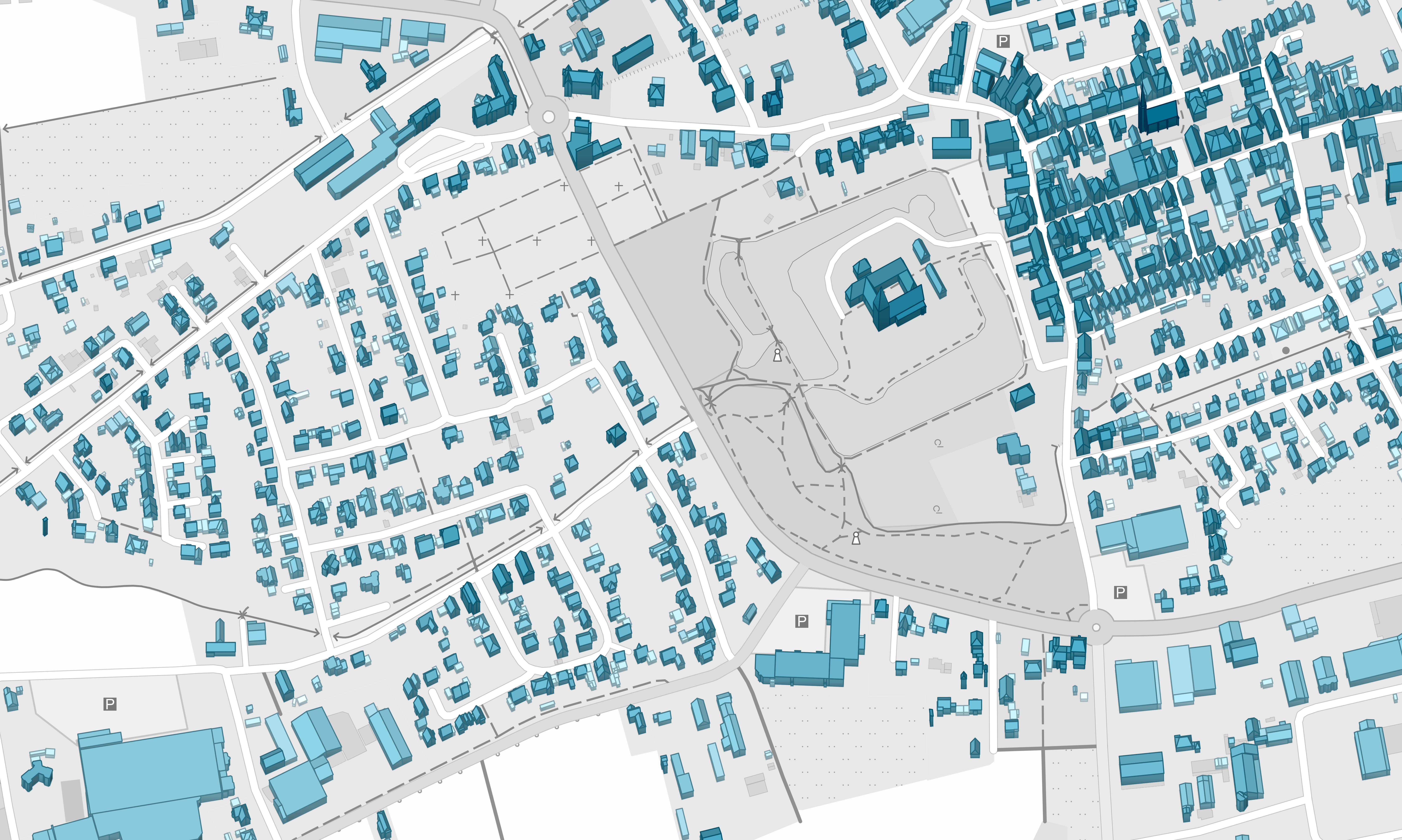 LoD2-Gebäudedaten mit visualisierten Gebäude- und Dachhöhen in einer digitalen Karte