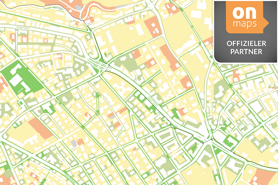 onmaps – Offizieller Partner für Entsiegelungspotenzialanalysen. Stadtkarte mit onmaps-Logo zur Darstellung des Entsiegelungspotenzials.