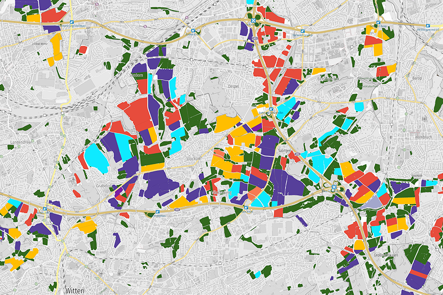 Bunte Klassifikation von Feldfrüchten in einer urbanen Umgebung bei Dortmund, dargestellt durch eine KI-gestützte Analyse.