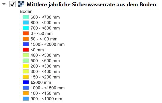 Legende zur mittleren jährlichen Sickerwasserrate aus dem Boden mit farblicher Einteilung der Versickerungsbereiche in Millimeter pro Jahr; umfasst Wertebereiche von unter 0 mm bis über 2000 mm. Legende zur mittleren jährlichen Sickerwasserrate aus dem Boden mit farblicher Einteilung der Versickerungsbereiche in Millimeter pro Jahr; umfasst Wertebereiche von unter 0 mm bis über 2000 mm.