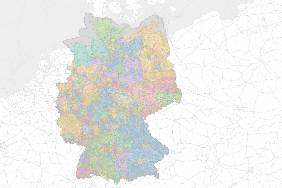 Deutschlandkarte mit kleinteiligen Netzgebieten der Verteilnetzbetreiber in der Niederspannung, darunter viele Gebiete von Stadtwerken
