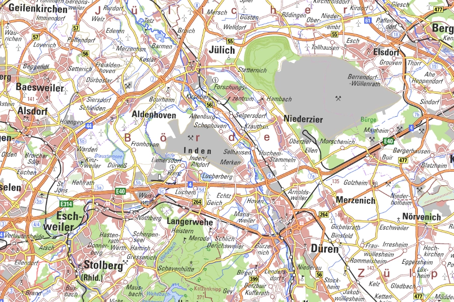 Topographische Karte der Region Düren mit Tagebauen, Straßen, Ortschaften und Landschaftsstrukturen