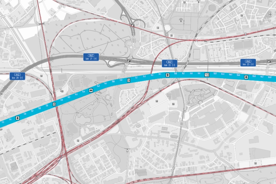 Kilometrierung der Autobahn A2 zwischen Kilometer 20 und 23 mit paralleler Wasserstraßen-Kilometrierung