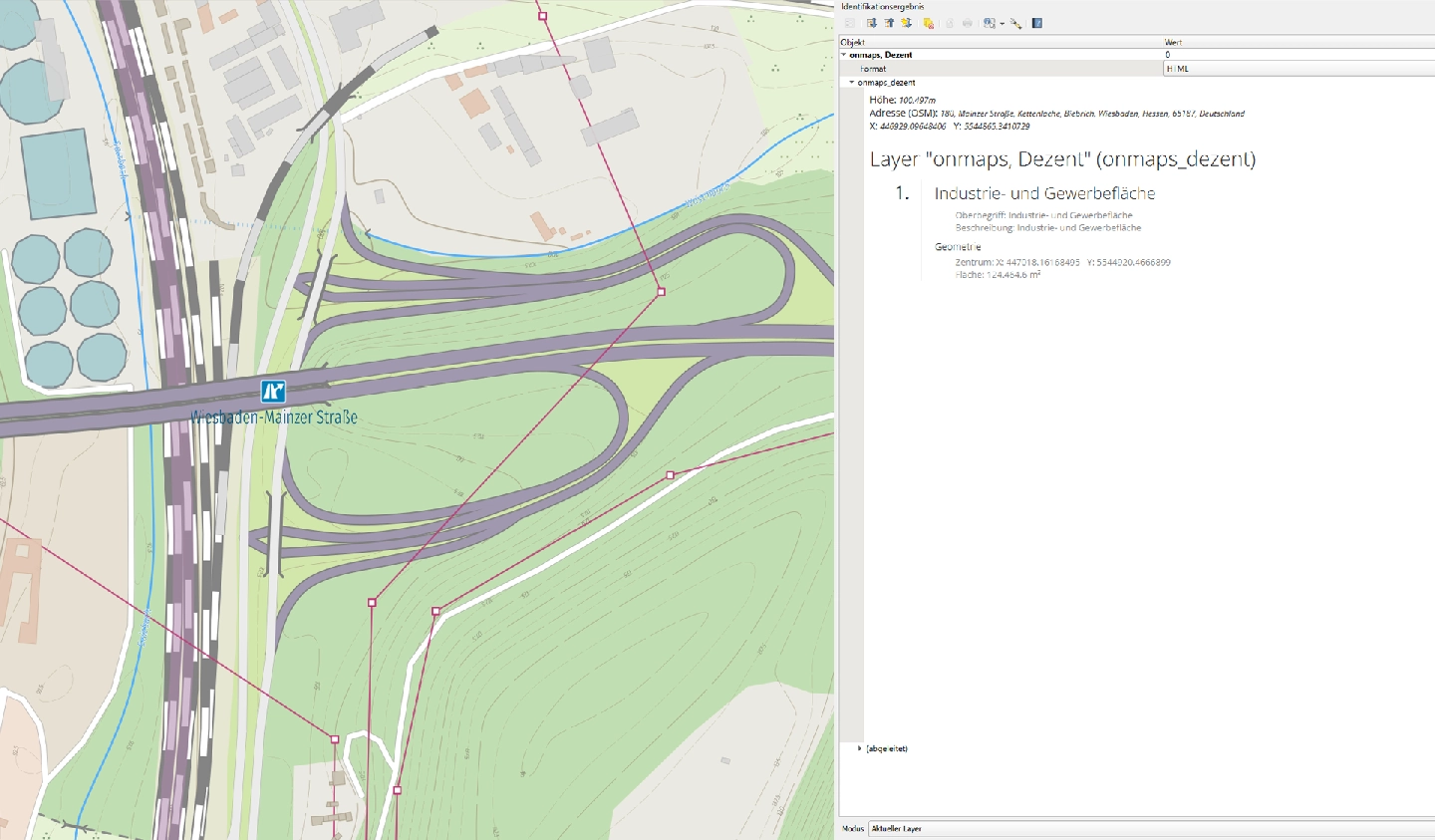 GIS-Kartendarstellung von Industrie- und Gewerbeflächen GIS-Karte mit Identifikation von Industrie- und Gewerbeflächen in Wiesbaden-Mainzer Straße.