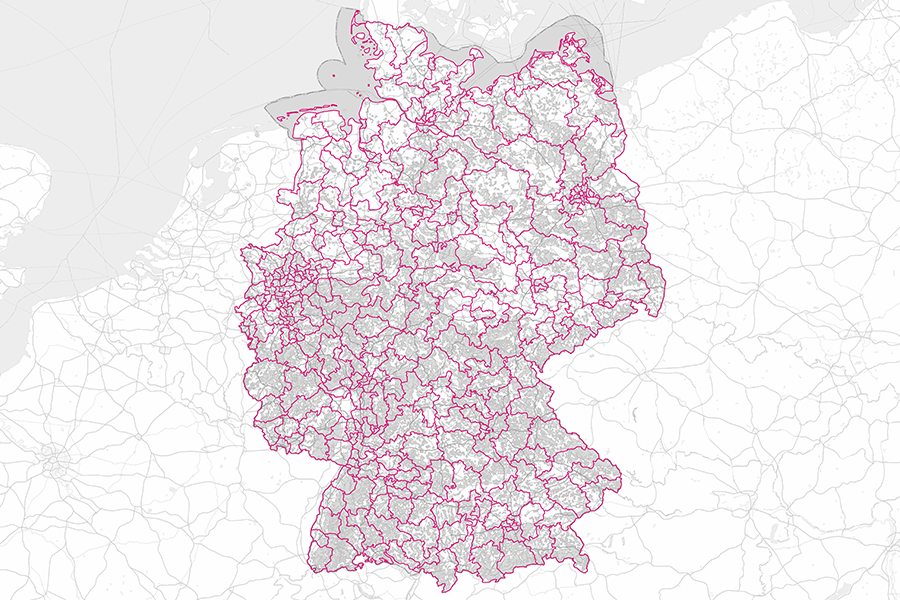 Karte Deutschlands mit den Wahlkreisgrenzen zur Bundestagswahl 2025, rot markierte Wahlkreise.