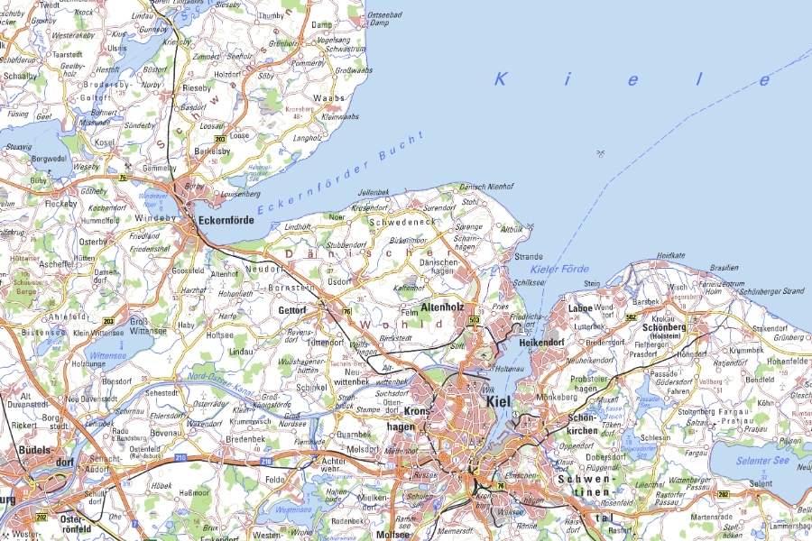 Topographische Übersichtskarte der Region Kiel und Eckernförde mit Küstenverlauf, Verkehrswegen und Ortschaften