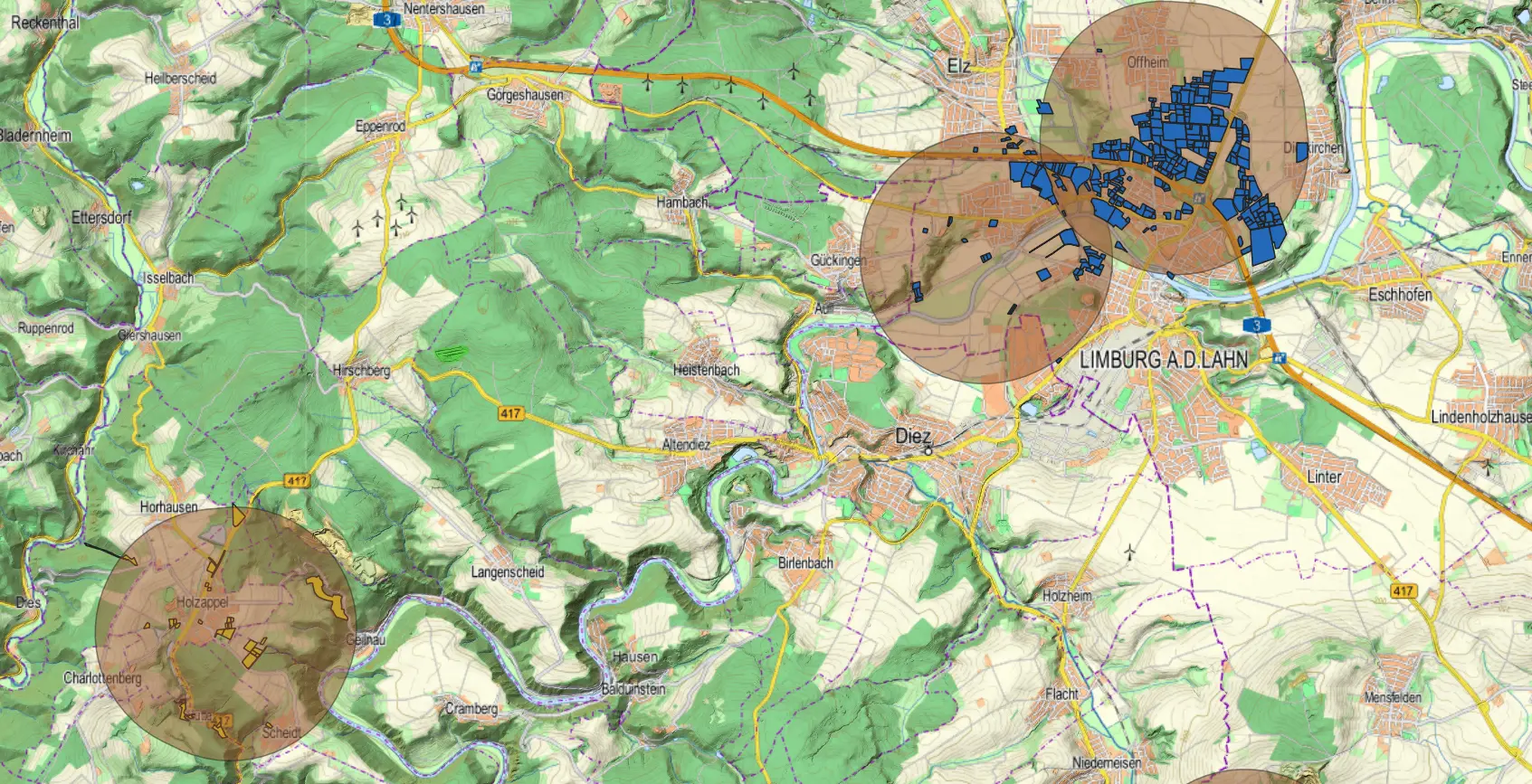 Ergebnis aus Queries auf eine Karte geplottet Kartendarstellung mit Ergebnisverschneidung