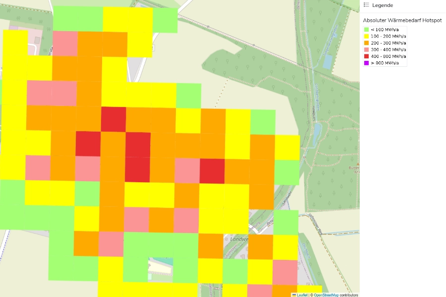 Karte mit Wärmebedarfs-Hotspots in einem Raster