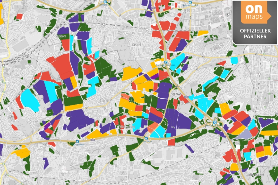 Bunte Klassifikation von Feldfrüchten in einer urbanen Umgebung bei Dortmund, dargestellt durch eine KI-gestützte Analyse.