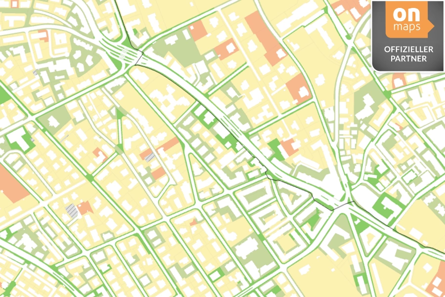 Stadtkarte mit onmaps-Logo zur Darstellung des Entsiegelungspotenzials.