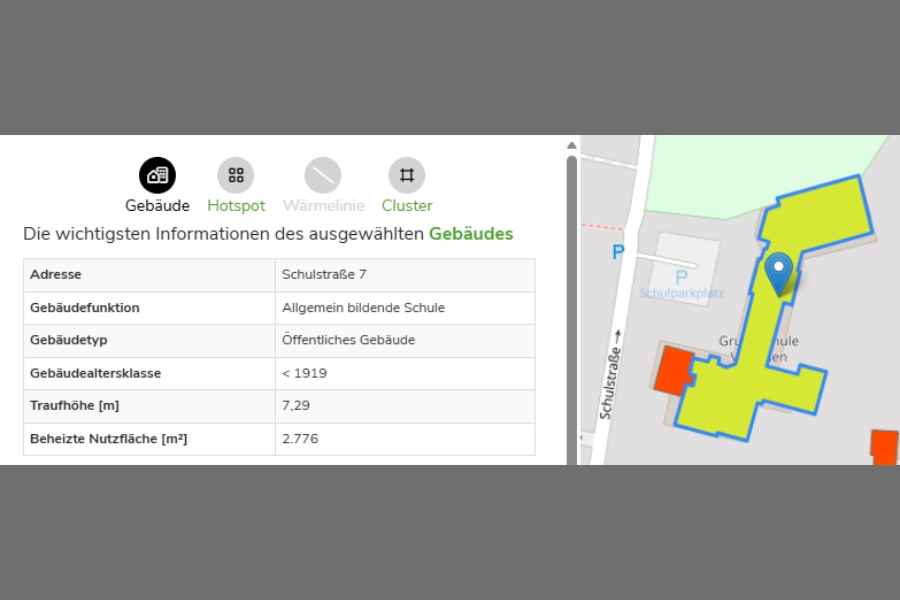 Detailansicht eines ausgewählten Gebäudes mit Gebäudeinformationen
