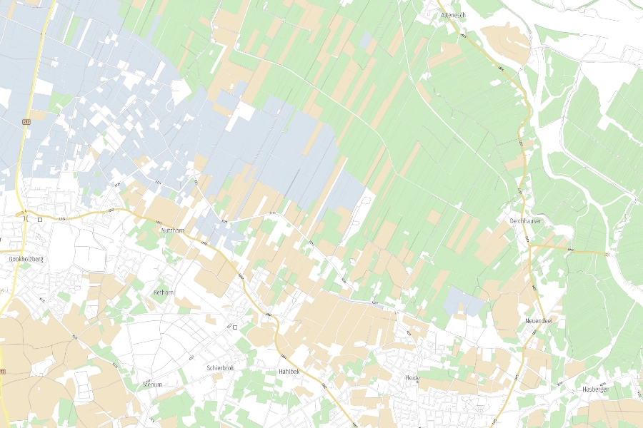 Feldblöcke im norddeutschen Raum – farblich dargestellte landwirtschaftliche Nutzflächen